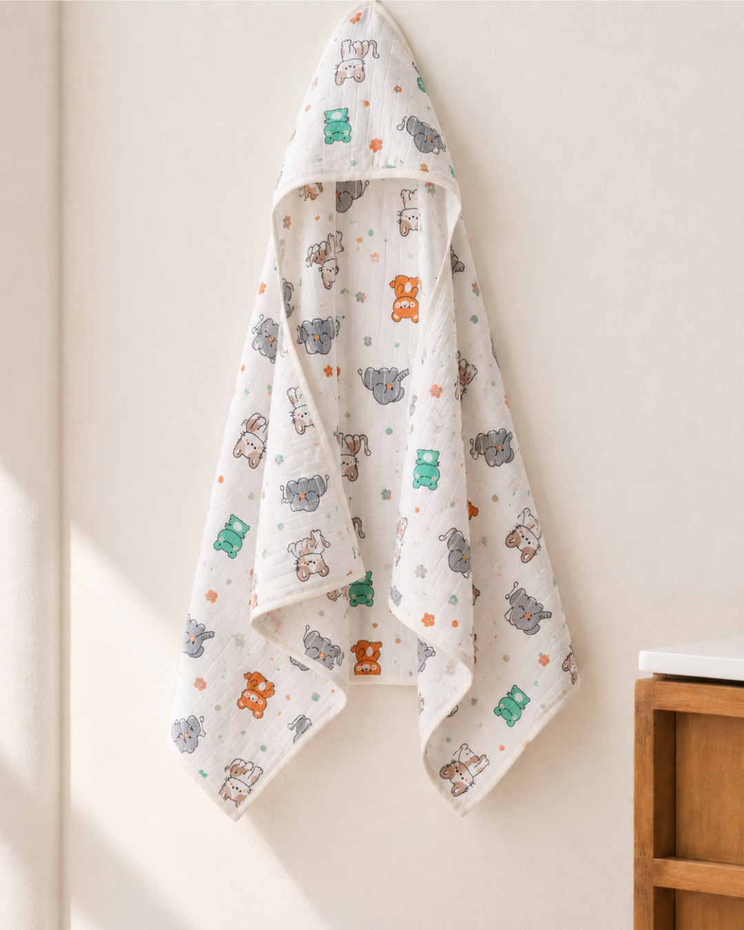 Muslin Double Layer Cap Towel- Frog and Elephant